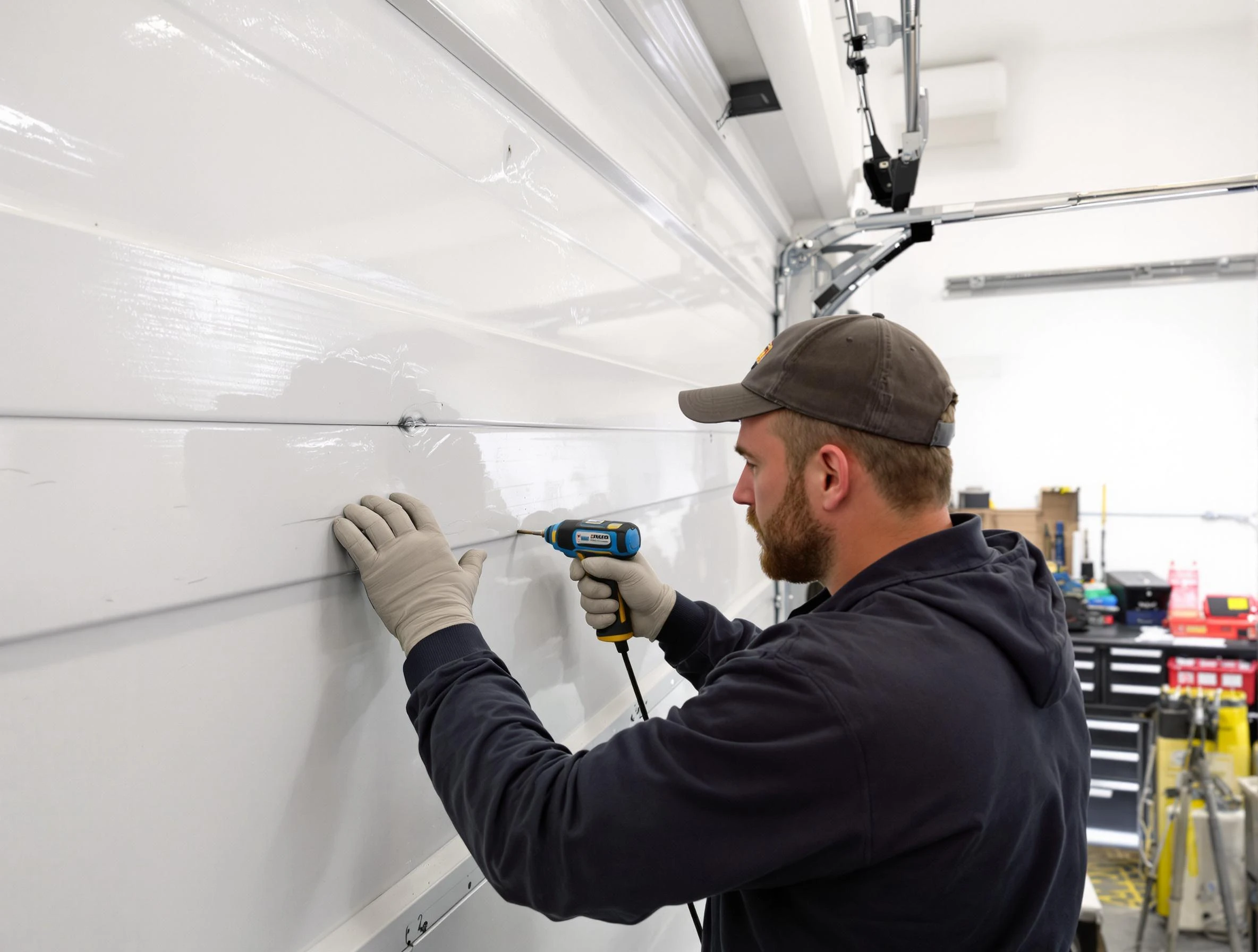Brigham City Garage Door Repair technician demonstrating precision dent removal techniques on a Brigham City garage door